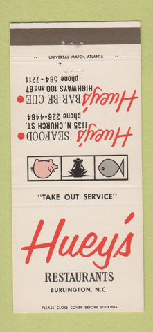Matchbook Cover - Huey's Seafood BBQ Burlington NC 30 Strike