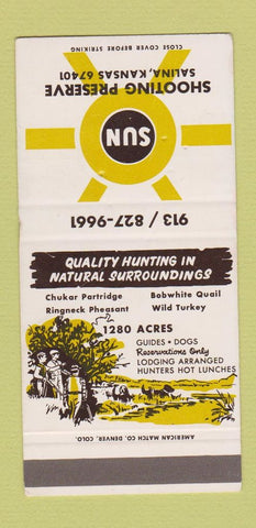 Matchbook Cover - Sun Shooting Preserve Salina KS hunting SAMPLE 30 Strike