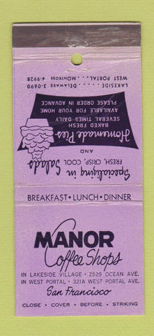 Matchbook Cover - Manor Coffee Shops San Francisco CA 30 Stick