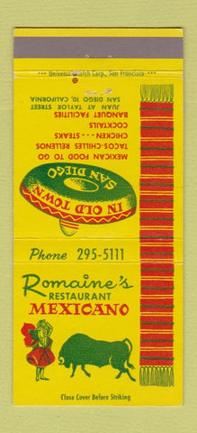 Matchbook Cover - Romaine's Mexican Restaurant San Diego CA 30 Strike