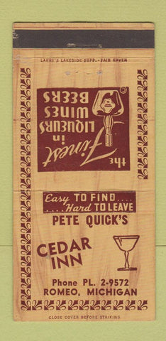 Matchbook Cover - Cedar Inn Romeo MI 30 Strike