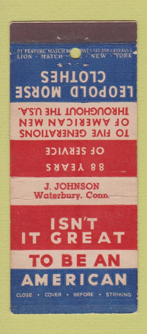 Matchbook Cover - Leopold Morse Clothes Waterbury CT WEAR 21 Strike Feature
