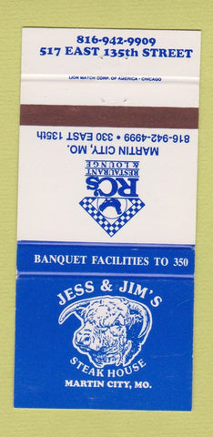 Matchbook Cover - Jess & Jim's Steak House Martin City MO 30 Strike