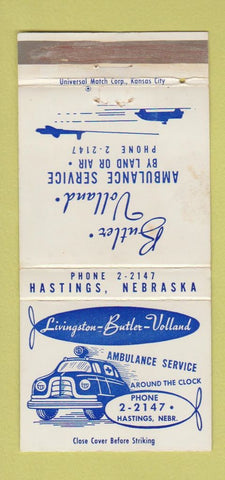 Matchbook Cover - Livingston Butler Volland Ambulance Hastings NE WEAR 30 Strike