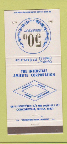 Matchbook Cover - Interstate Amiesite Concordville PA 1974 30 Strike