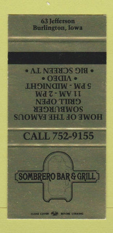 Matchbook Cover - Sombrero Bar Grill Burlington IA SAMPLE 30 Strike
