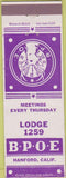 Matchbook Cover - Matchbook Cover Elks Club Hanford CA