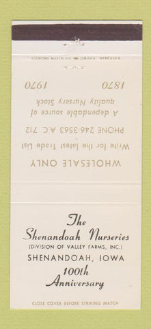 Matchbook Cover - Shenandoah Nurseries IA 1970 30 Strike