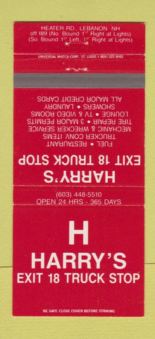 Matchbook Cover - Harry's Exit 18 Truck Stop Lebanon NH 30 Strike