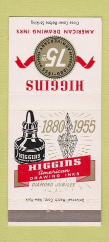 Matchbook Cover - Higgins Drawing Inks 1955 Brooklyn NY adhesives 30 Strike