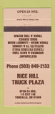 Matchbook Cover - Rice Hill Truck Plaza Yoncalla OR 30 Strike