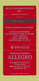 Matchbook Cover - Allegro Restaurant Italian Altoona PA 30 Strike