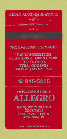 Matchbook Cover - Allegro Restaurant Italian Altoona PA 30 Strike