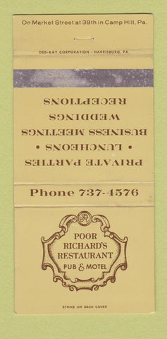 Matchbook Cover - Poor Richard's Restaurant Motel Camp Hill PA WEAR 30 Strike