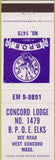 Matchbook Cover - Matchbook Cover Elks Club West Concord MA