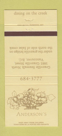 Matchbook Cover - Anderson's Restaurant Vancouver BC 30 Strike