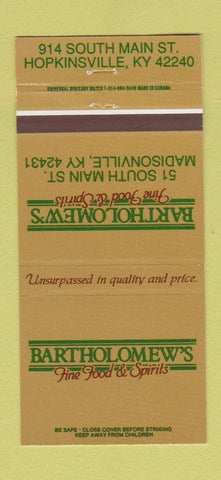 Matchbook Cover - Bartholomew's Restaurant Hopkinsville KY 30 Strike