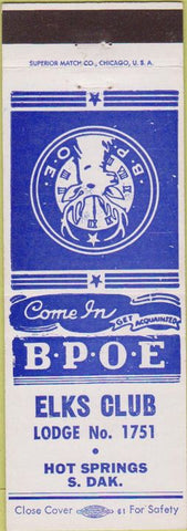 Matchbook Cover - Matchbook Cover Elks Club Hot Springs SD