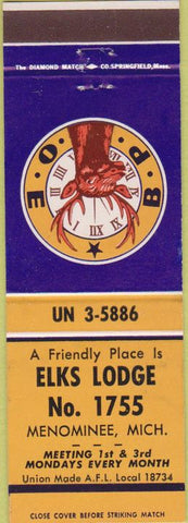 Matchbook Cover - Matchbook Cover Elks Club Menominee MI