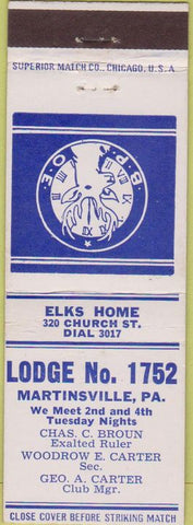 Matchbook Cover - Matchbook Cover Elks Club Martinsville PA