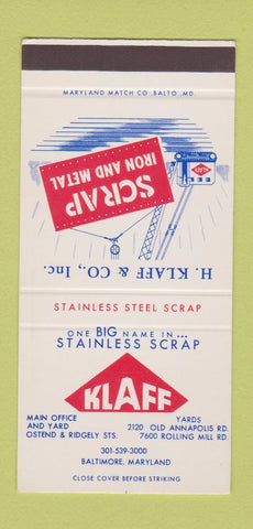 Matchbook Cover - Klaff Scrap Iron Metal Baltimore MD 30 Strike