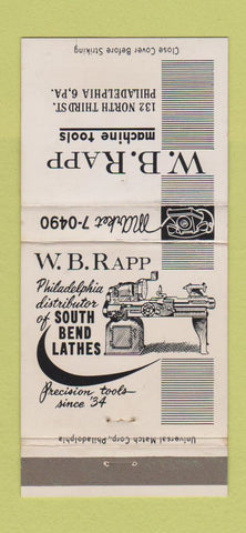 Matchbook Cover - WB Rapp South Bend Lathes Philadelphia PA 30 Strike