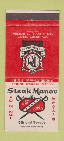 Matchbook Cover - Steak Manor Park Manor Hotel San Diego CA 30 Strike