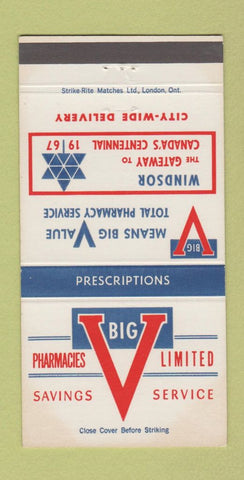 Matchbook Cover - Big V Drugs Windsor ON 1967 Centennial 30 Strike