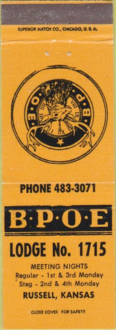 Matchbook Cover - Matchbook Cover Elks Club Russell KS