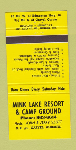 Matchbook Cover - Mink Lake Resort Camping Carvel AB 30 Strike
