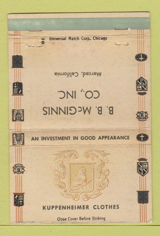 Matchbook Cover - Kuppenheimer Men's Clothes Merced CA WORN 40 Strike