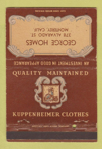 Matchbook Cover - Kuppenheimer Men's Clothes Monterey CA WEAR 40 Strike