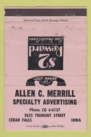 Matchbook Cover - Allen Merrill Advertising Cedar Falls IA WORN 40 Strike
