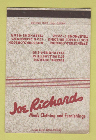 Matchbook Cover - Joe Richards Men's Clothes Eugene Springfield OR 40 Strike