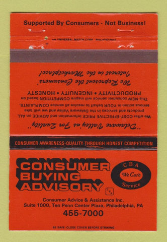Matchbook Cover - Consumer Buying Advisory Philadelphia PA 40 Strike