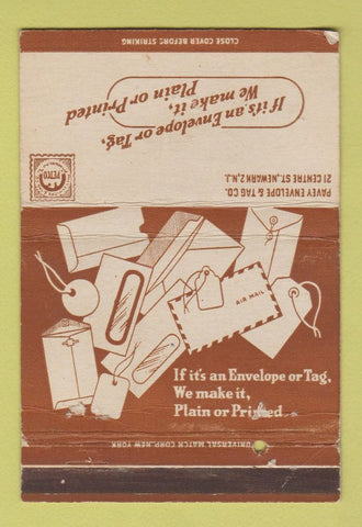Matchbook Cover - Pavey Envelope Tag Newark NJ 40 Strike