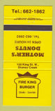 Matchbook Cover - Fire King Hamburgers Donuts Stoney Creek ON 30 Strike