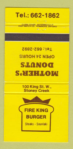 Matchbook Cover - Fire King Hamburgers Donuts Stoney Creek ON 30 Strike