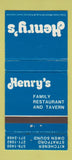 Matchbook Cover - Henry's Restaurant Kitchener Stratford Owen Sound ON 30 Strike