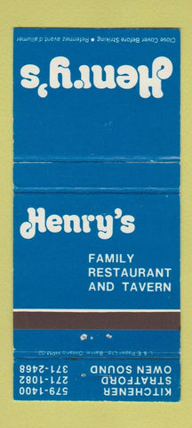Matchbook Cover - Henry's Restaurant Kitchener Stratford Owen Sound ON 30 Strike