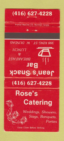 Matchbook Cover - Rose's Catering West Dundas ON WEAR 30 Strike