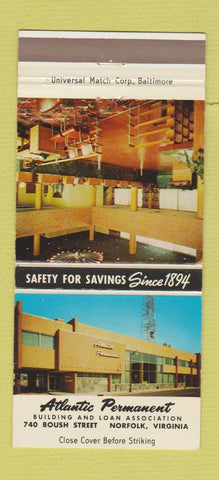 Matchbook Cover - Atlantic Permanent Building and Loan Norfolk VA 30 Strike