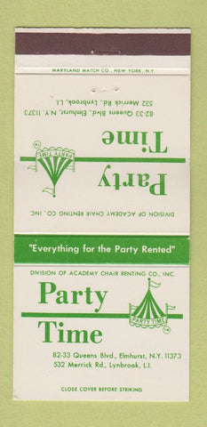 Matchbook Cover - Party Time Rentals Chairs Lynbrook LI NY 30 Strike