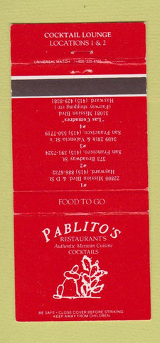 Matchbook Cover Pablito's Restaurants Mexican Hayward San Francisco CA 30 Strike
