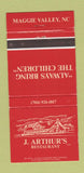 Matchbook Cover - J Arthur's Restaurant Maggie Valley NC 30 Strike