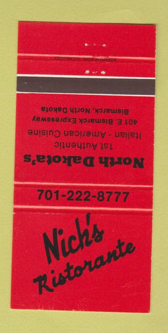 Matchbook Cover - Nick's Ristorante Italian Bismarck ND 30 Strike