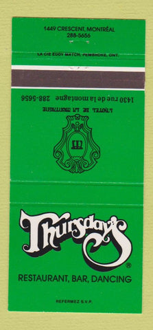 Matchbook Cover - Thursday's Restaurant Montreal QC 30 Strike