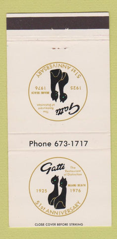 Matchbook Cover - Gatti Restaurant Miami Beach FL 1976 cats 30 Strike