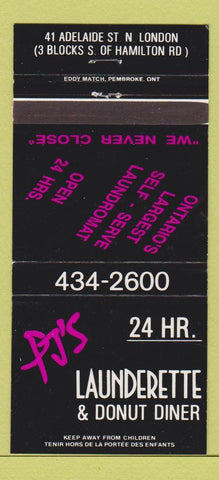Matchbook Cover - PJ's Launderette Donut Diner North London ON 30 Strike
