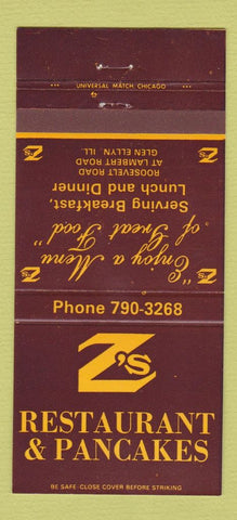 Matchbook Cover - Z's Restaurant Pancakes Glen Ellyn IL 30 Strike